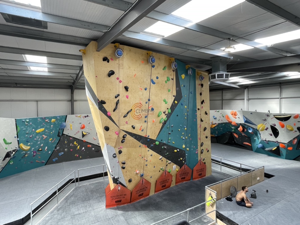 Wooden roped climbing wall feature with autobelays. Flashes of green, black and white colours.  